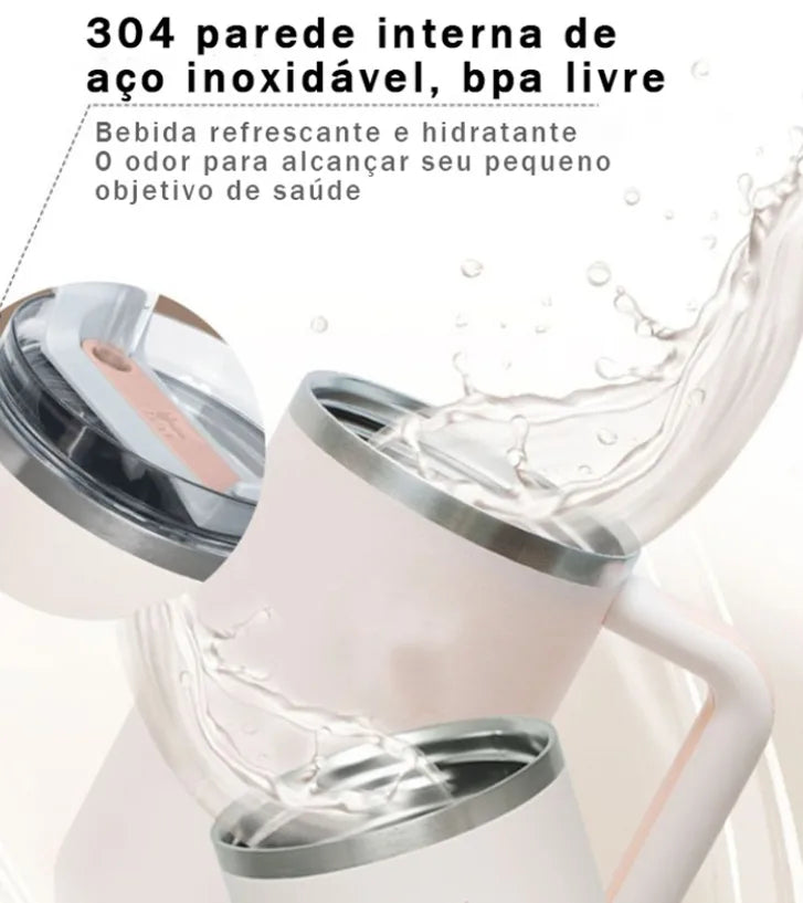 Copo Garrafa 1200ml Térmico com Canudo Alça Portátil para Água Café Refrige