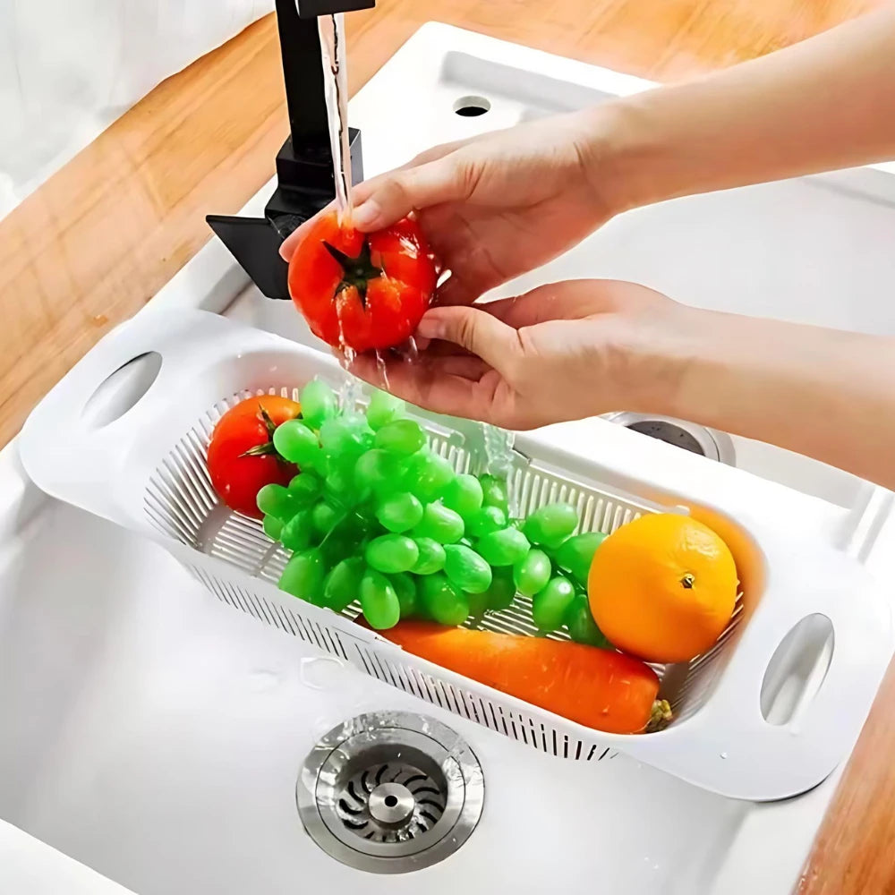 Escorredor De Pia e Talheres Com Alças Cesta Ajustável Para Alimentos, Verduras, Frutas E Talheres