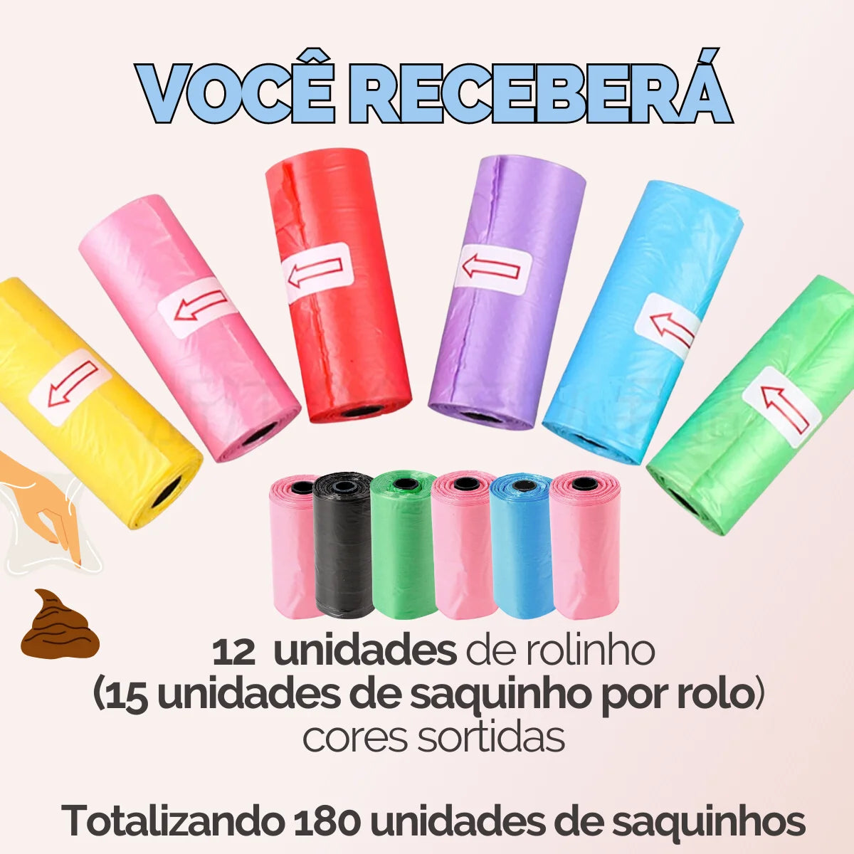 12 rolos de lixo para cães e gatos de estimação com coco, 15 sacos em cada rolo