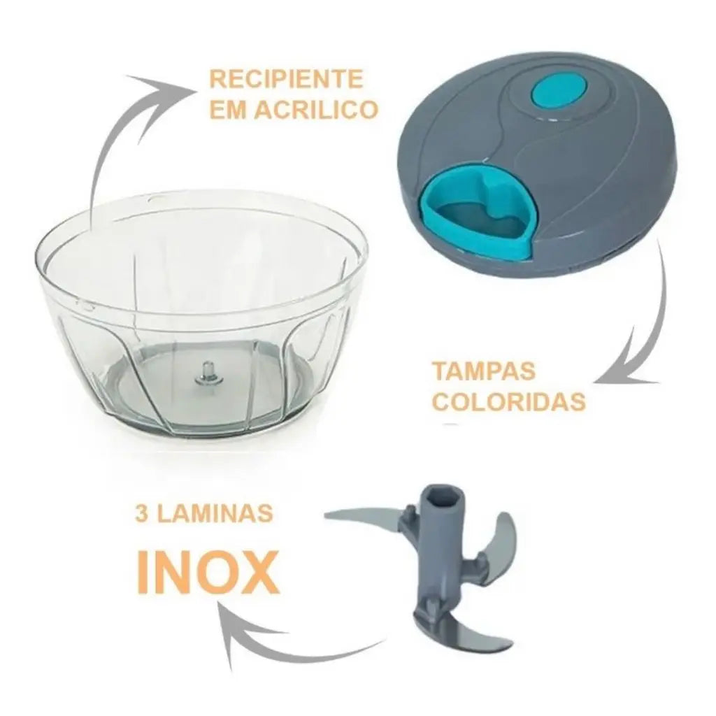 Processador Triturador Manual Alimentos 5 Lâminas 900 Ml ou 3 Laminas 500ml Grande Premium Cores Sortidas